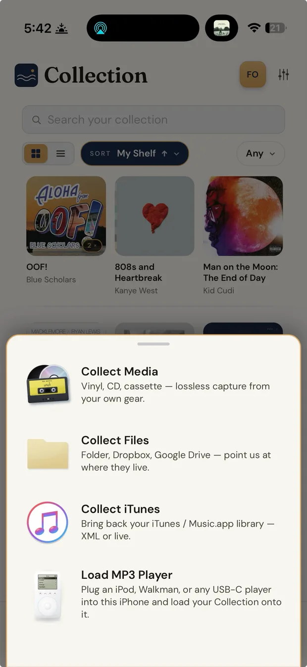 The Collect sheet in Uki Music: Collect Media, Collect Files, Collect iTunes, and Load MP3 Player